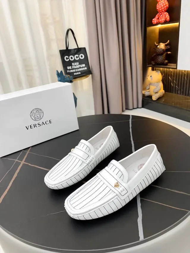 Versace Black White Pinstripe Leather Medallion-Accented Loafer 12