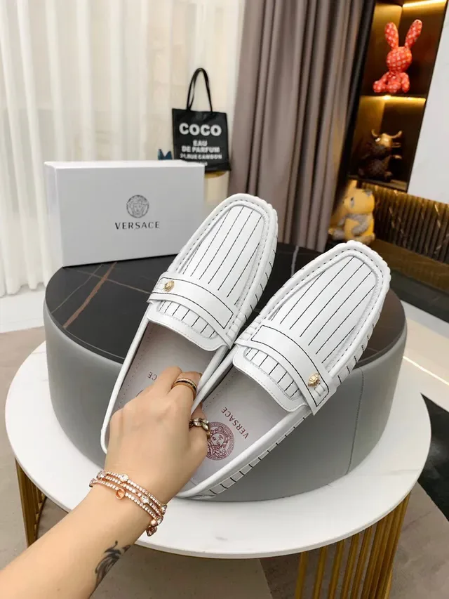 Versace Black White Pinstripe Leather Medallion-Accented Loafer 16