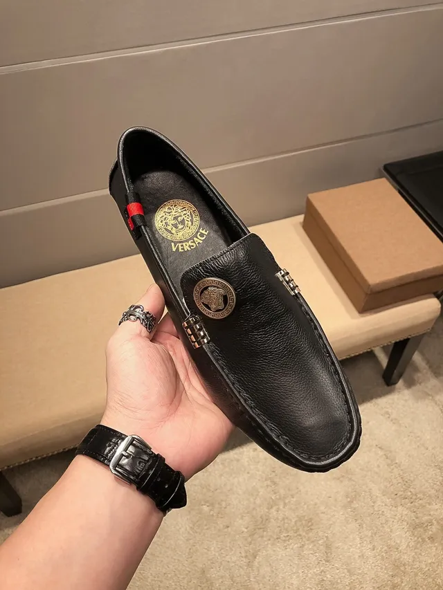 Versace Chain Reaction Black Leather Medusa Loafers 9