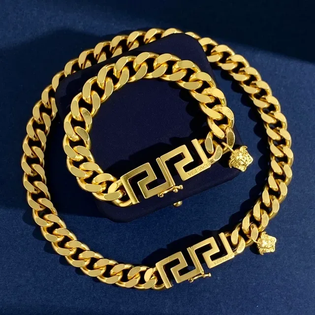 Versace সোনার নেভি কার্ব লিঙ্ক চেইন Greca চাবির ক্ল্যাস্প ব্রেসলেট 2