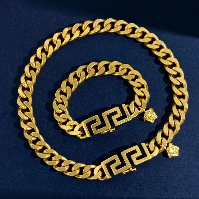Versace সোনার নেভি কার্ব লিঙ্ক চেইন Greca চাবির ক্ল্যাস্প ব্রেসলেট 3