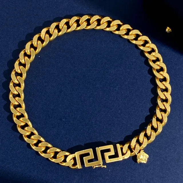 Versace সোনার নেভি কার্ব লিঙ্ক চেইন Greca চাবির ক্ল্যাস্প ব্রেসলেট 4