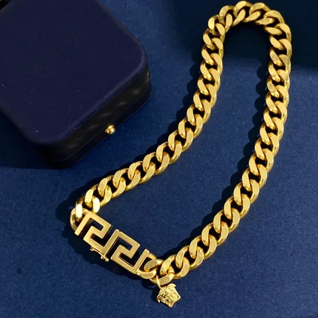 Versace সোনার নেভি কার্ব লিঙ্ক চেইন Greca চাবির ক্ল্যাস্প ব্রেসলেট 5