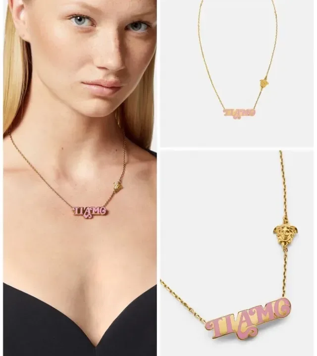 Versace 镀金粉色链条琺瑯姓名牌项链 5