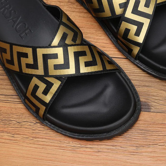 Versace Greca Odissea Black and Gold Slide Slippers 7