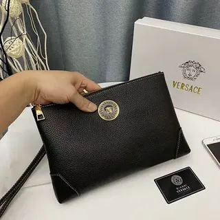 Versace La Medusa Black Pebbled Leather Envelope Clutch