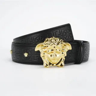 Versace 美杜莎腰带 黑色金色头扣 Greca-压花皮革腰带