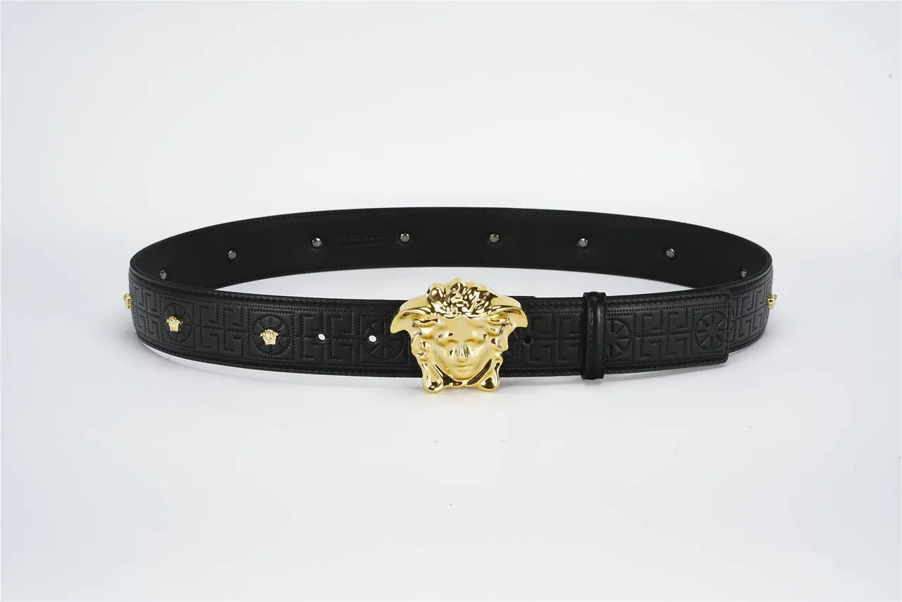 Ceinture Versace Medusa Noir Or Boucle de Tête Greca-Embossé Cuir 10