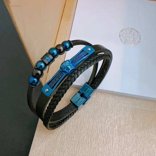 Versace Medusa Greca নীল ও কালো বোনা চামড়ার ব্রেসলেট 3