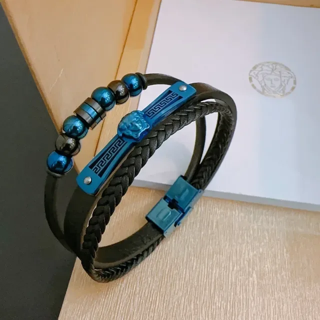 Versace Medusa Greca নীল ও কালো বোনা চামড়ার ব্রেসলেট 6