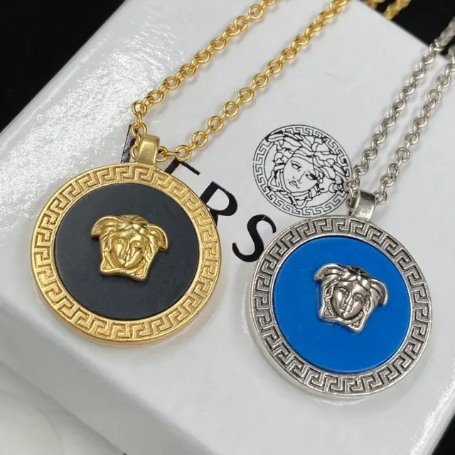 Versace Medusa Medallion Blue Silver Circular Pendant Head Motif Necklace 2