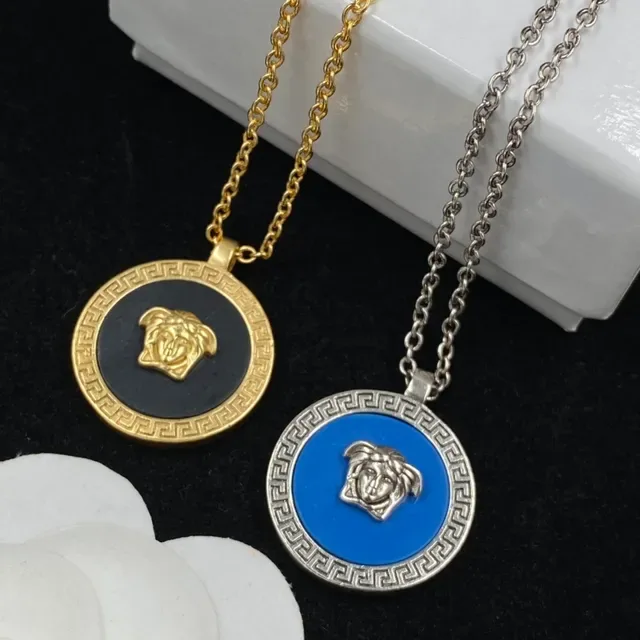 Versace Medusa Medallion Blue Silver Circular Pendant Head Motif Necklace 4