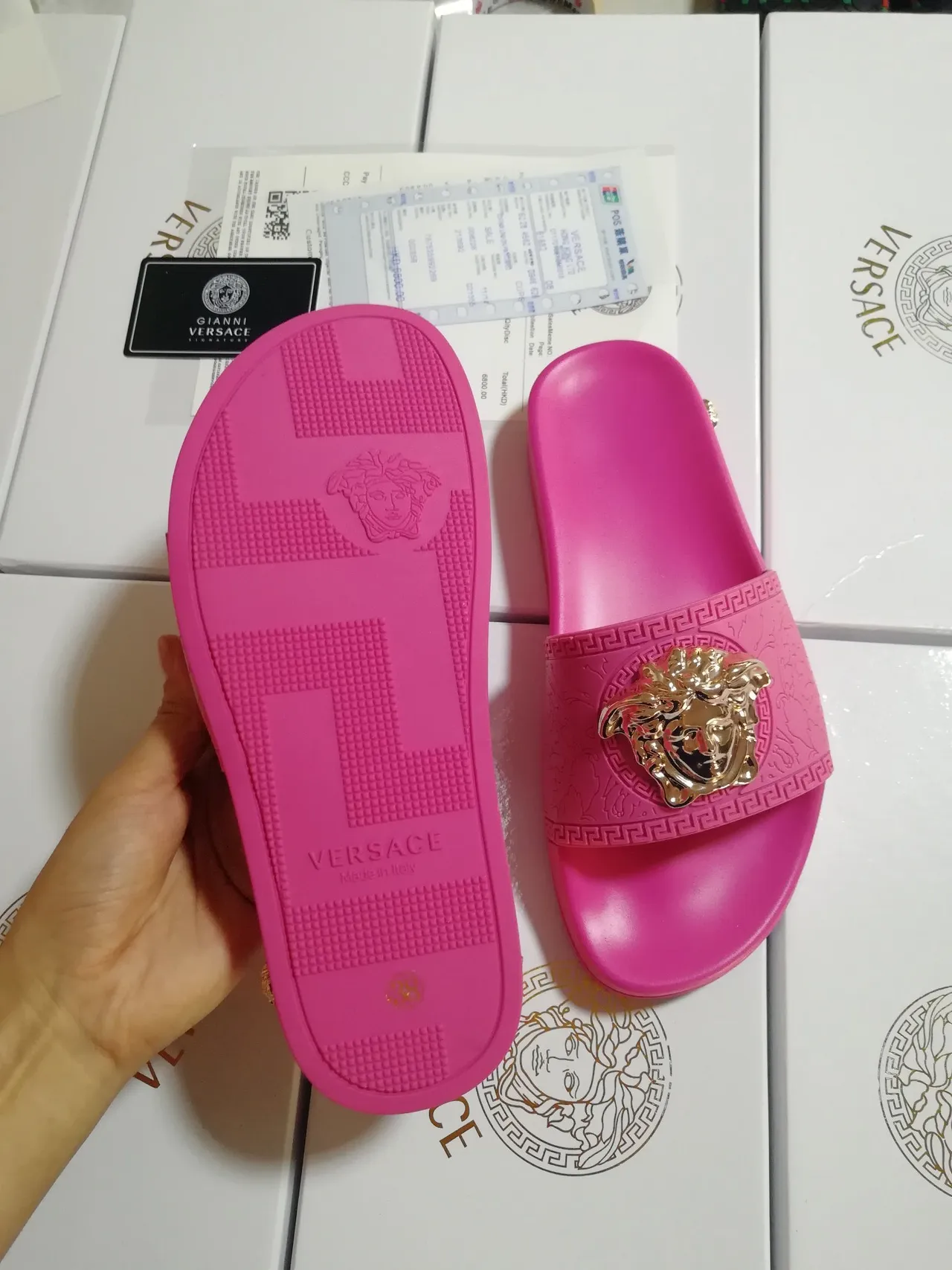 Versace Medusa Slide গোলাপি সোনালি মাথার সজ্জা Greca সীমানা নিদর্শন স্লিপার 3