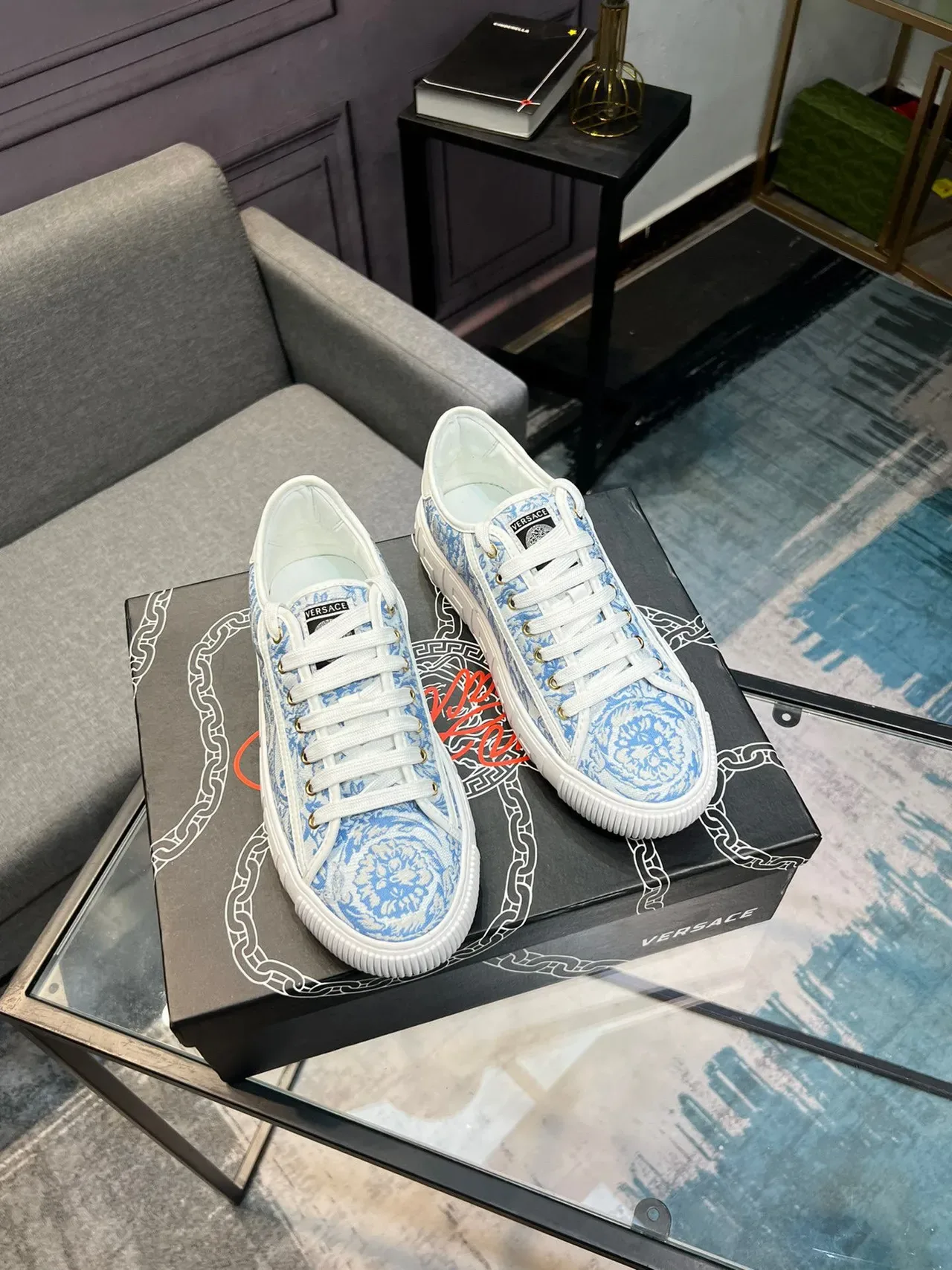 Versace Odissea Baroque Jacquard Blue White Lifestyle Sneakers 4