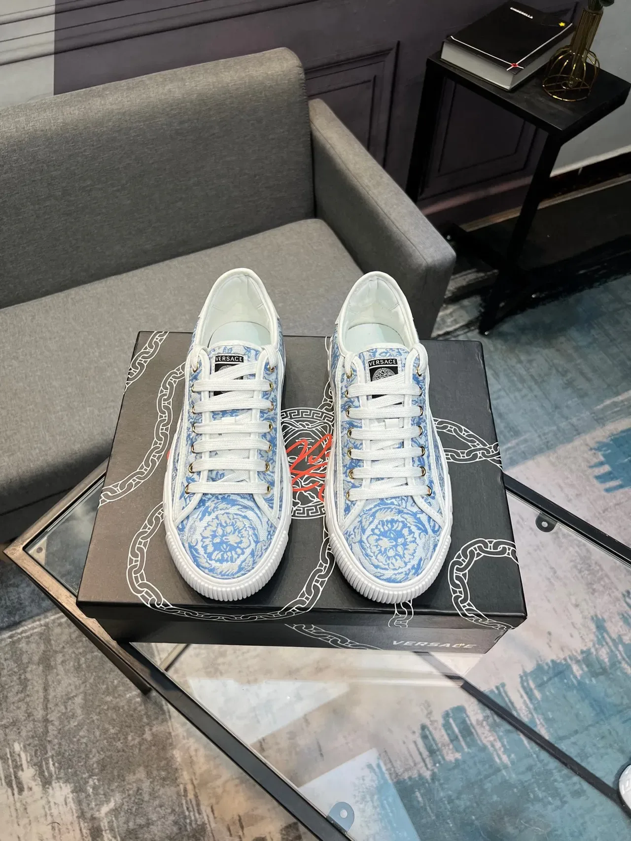 Versace Odissea Baroque Jacquard Blue White Lifestyle Sneakers 7