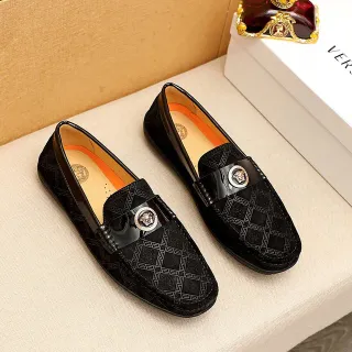 Versace Odissea 黑色橙色 Greca图案鞋面 Medusa头扣乐福鞋