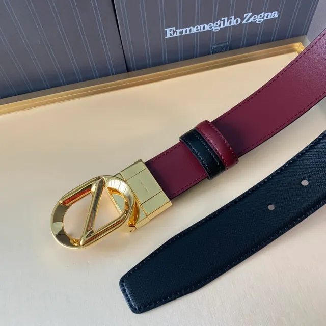 Zegna Black Burgundy Reversible Two-Tone Textured Exterior Leather Belt 6
