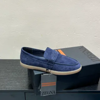 Zegna ब्लू बेज साबर अपर पेनी स्ट्रैप लोफर