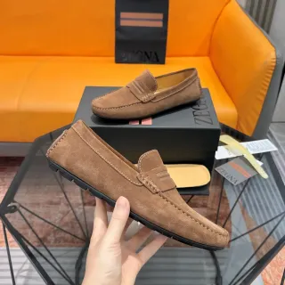 Zegna Brown Black Suede Upper Penny Strap Loafer