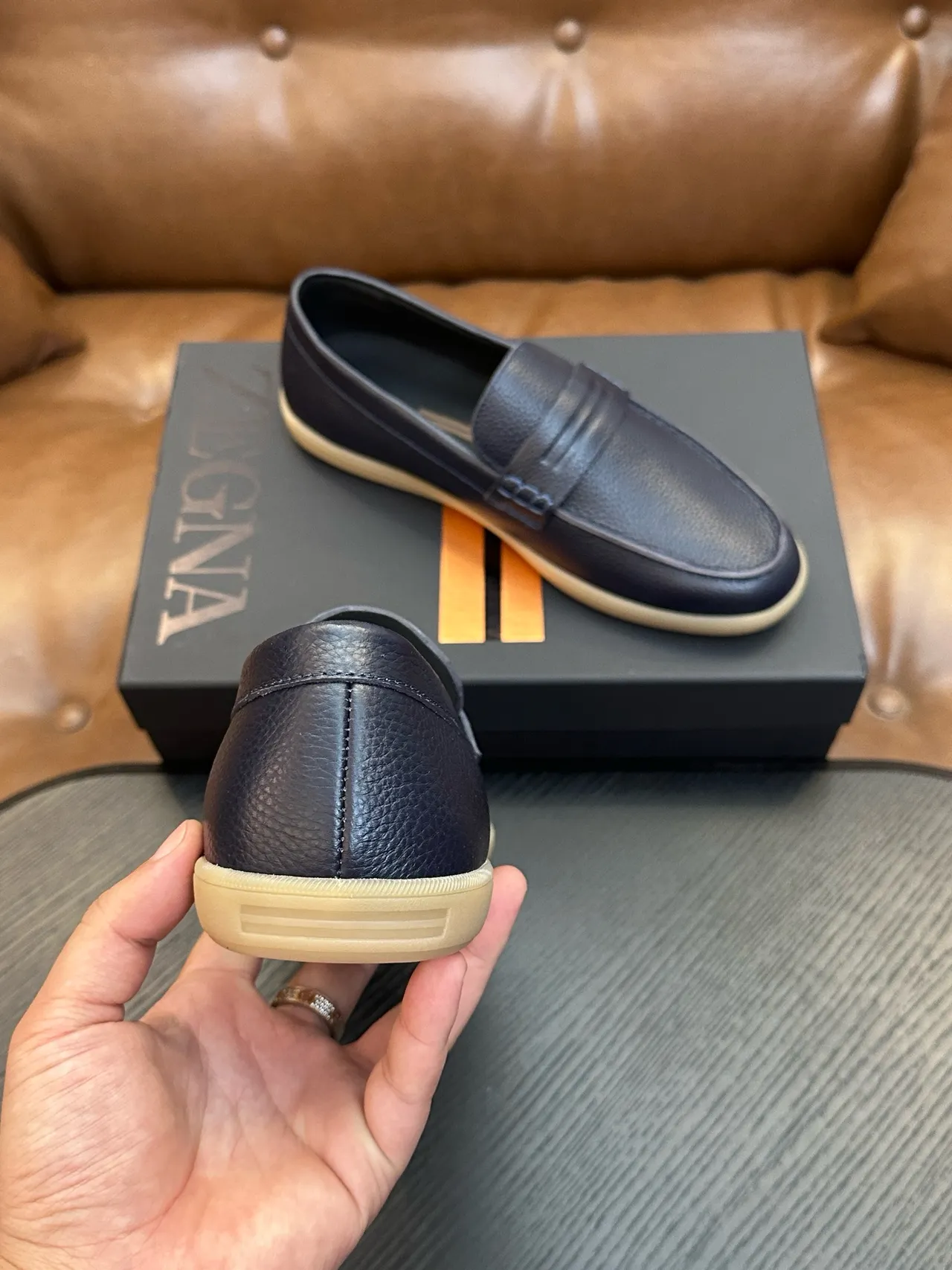 Zegna 海军蓝 米色 压纹皮革 便士带 乐福鞋 3