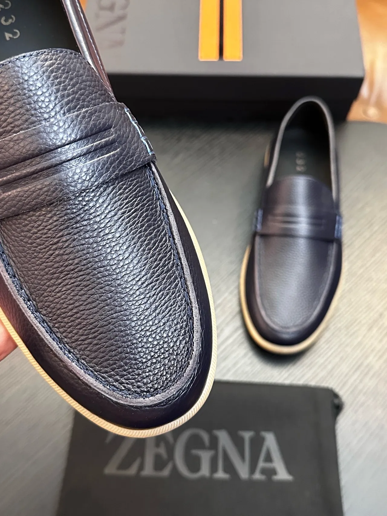 Zegna 海军蓝 米色 压纹皮革 便士带 乐福鞋 4