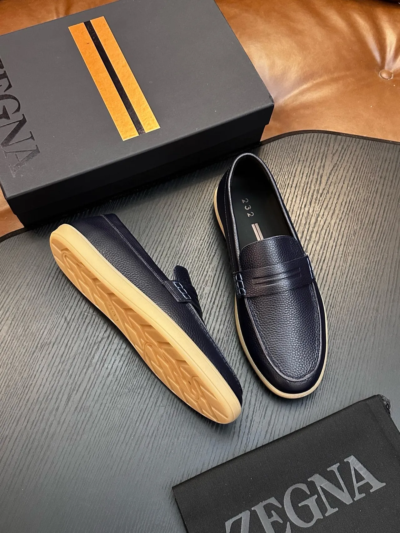Zegna 海军蓝 米色 压纹皮革 便士带 乐福鞋 5