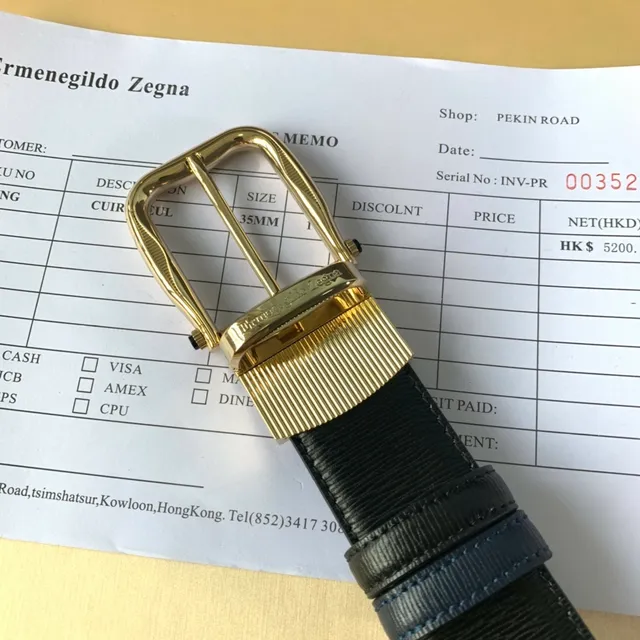 Zegna 海军蓝 黑色 凸纹 镀金扣 纹理皮革腰带 2