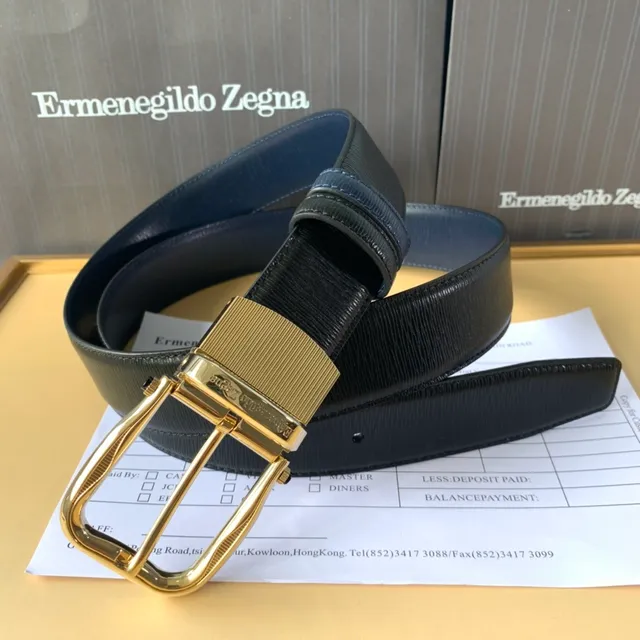 Zegna 海军蓝 黑色 凸纹 镀金扣 纹理皮革腰带 3