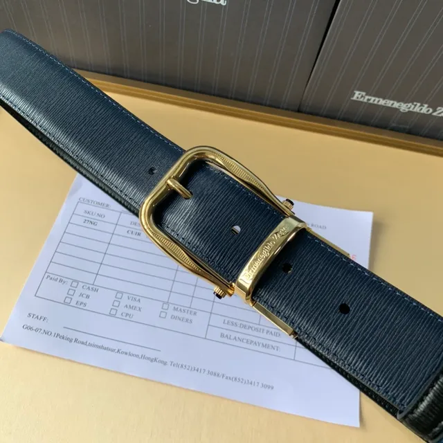 Zegna 海军蓝 黑色 凸纹 镀金扣 纹理皮革腰带 4