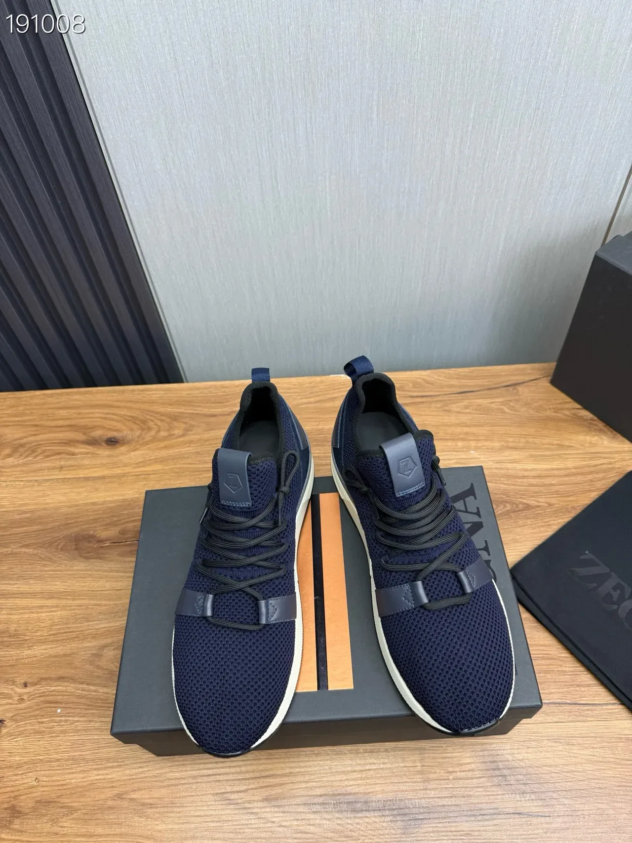 Zegna 海军灰针织鞋面皮革带细节生活方式运动鞋 3