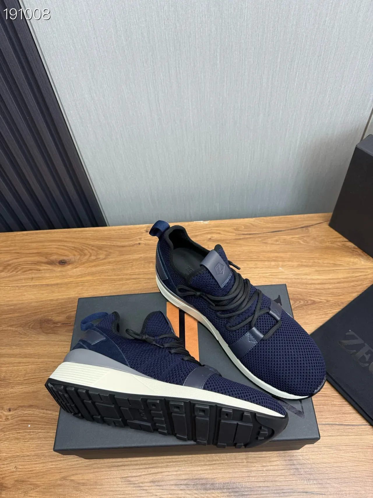 Zegna 海军灰针织鞋面皮革带细节生活方式运动鞋 7