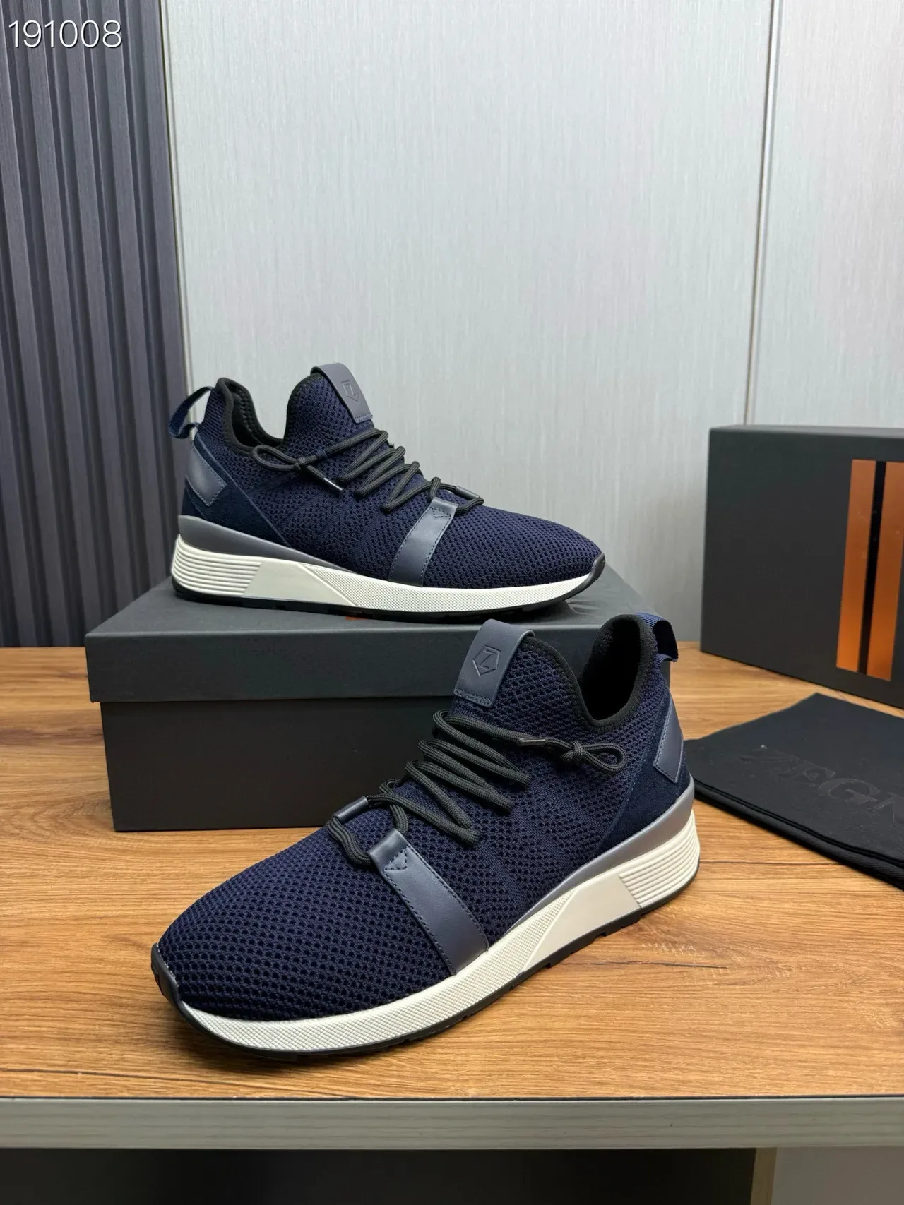 Zegna 海军灰针织鞋面皮革带细节生活方式运动鞋 8