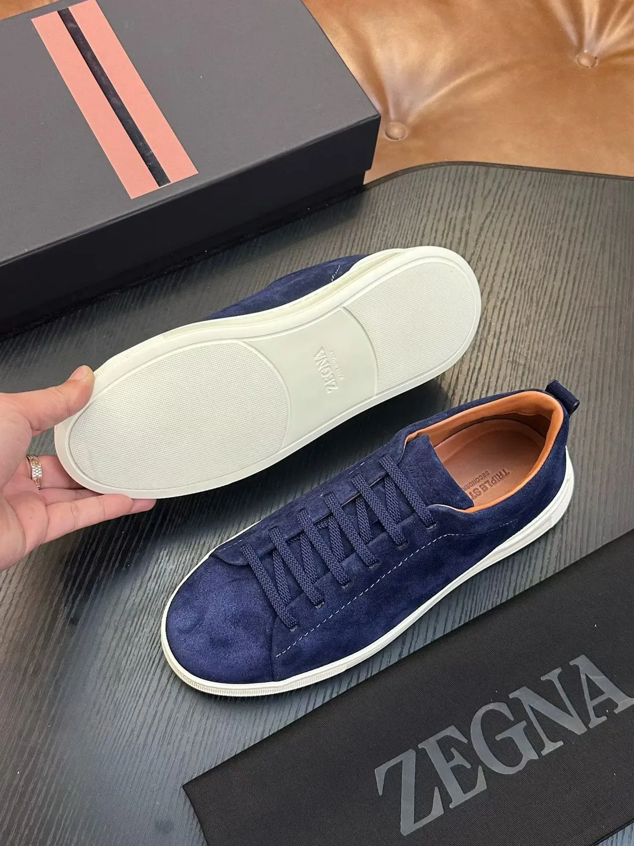 Zegna Navy 麂皮低帮运动鞋 2