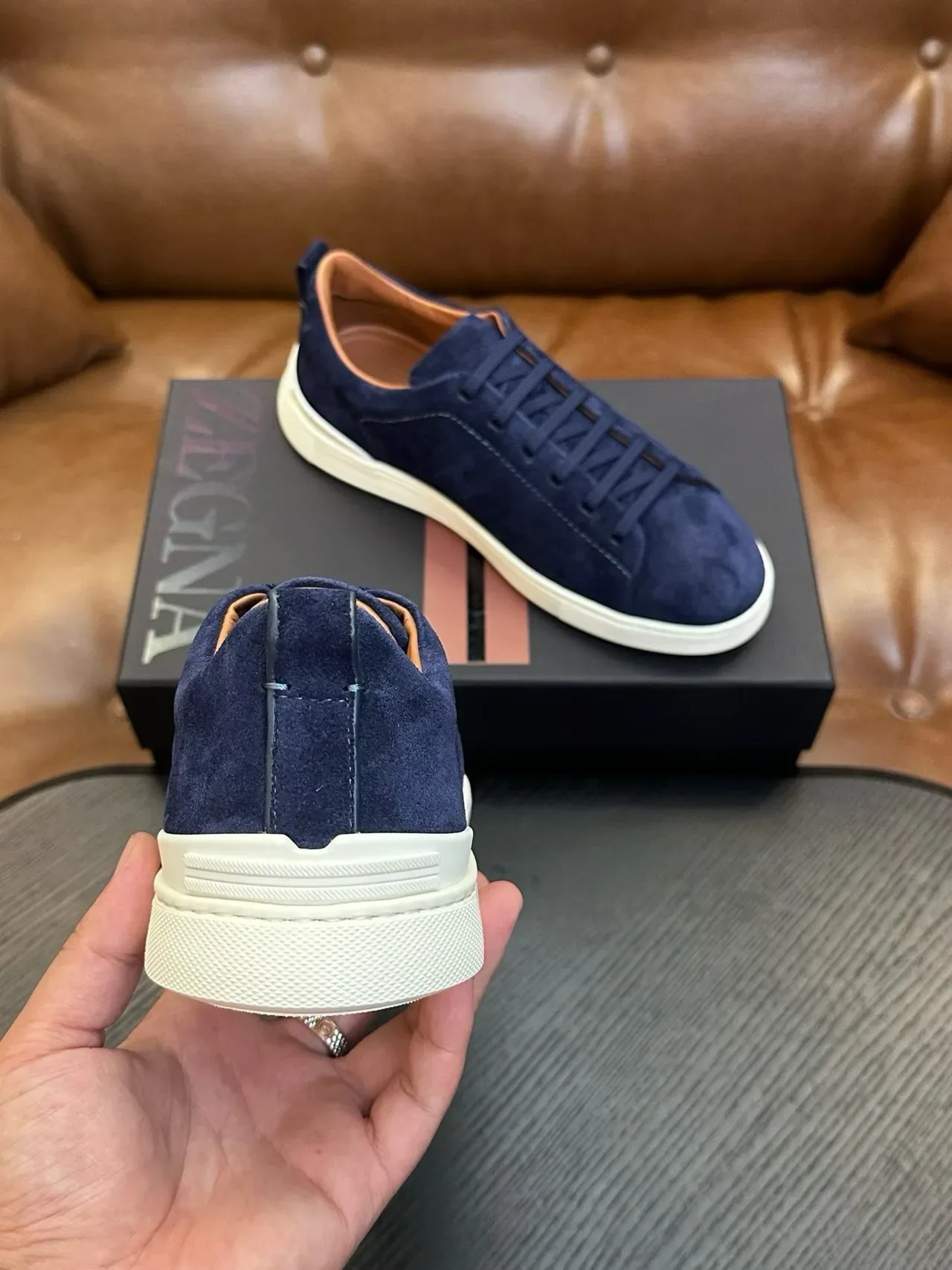 Zegna Navy 麂皮低帮运动鞋 3