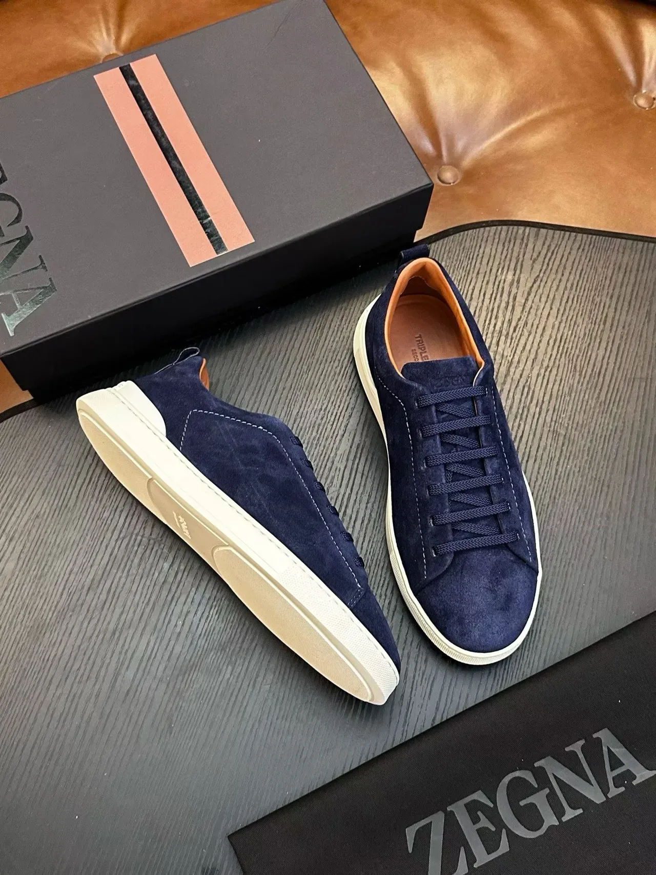 Zegna Navy 麂皮低帮运动鞋 5