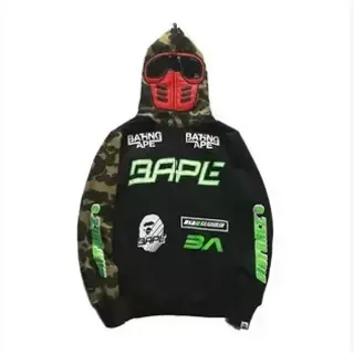A Bathing Ape Shark Black Army Green Goggle-Mask Hood ABC Camo Sleeves Hoodie