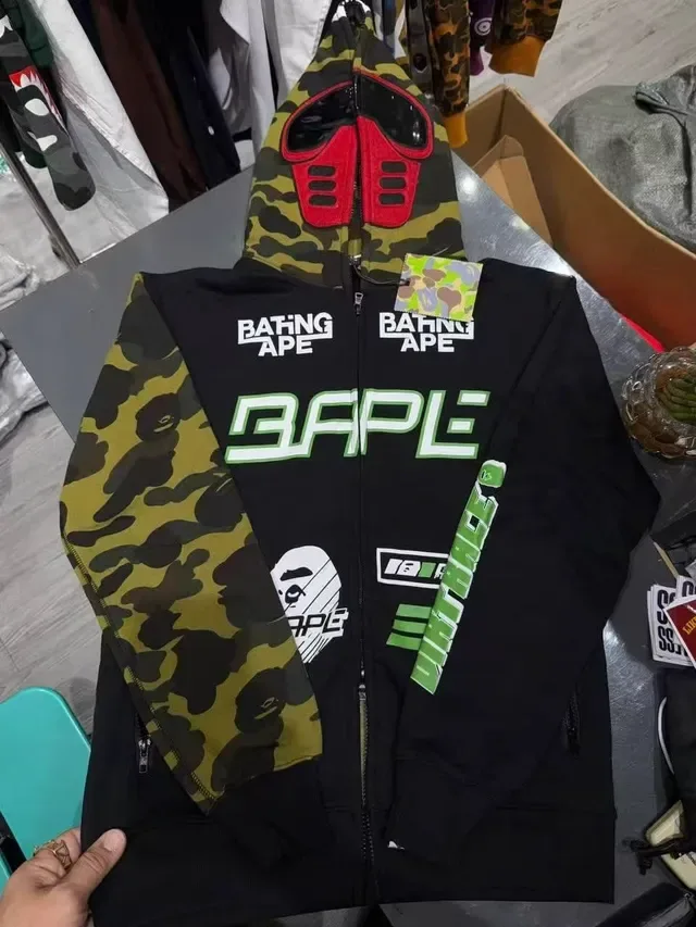 A Bathing Ape Shark কালো আর্মি গ্রিন Goggle-Mask Hood এবিসি ক্যামো স্লিভস হুডি 5