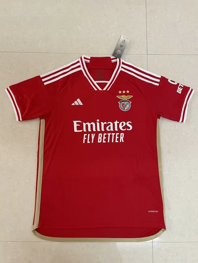 Adidas Benfica Red White V-Neck Three-Stripe Shoulder Jersey 3