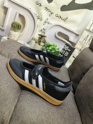Adidas Black White Laceless Silhouette Three-Stripe Side Panel Mary Jane Shoes 7