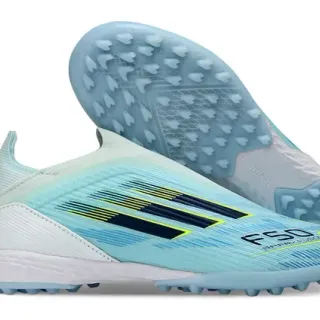 Adidas F50 Azul Branco Colar de Meia Ribeteado Upper Sintético Gramado Sapatos de Futebol