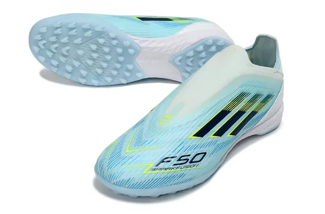 Adidas F50 Azul Blanco Col de Calcetín Ribeteado Upper Sintético Césped Zapatos de Fútbol 5
