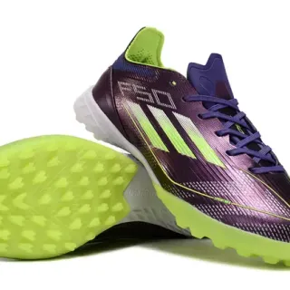 Adidas F50 Sapatos de futebol turf low-cut upper sintético acabamento iridescente gradient roxo verde