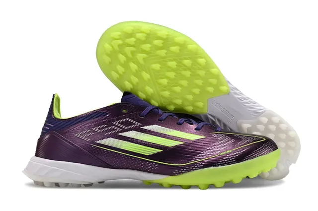 Adidas F50 Zapatos de fútbol turf low-cut upper sintético acabado iridiscente gradient morado verde 4