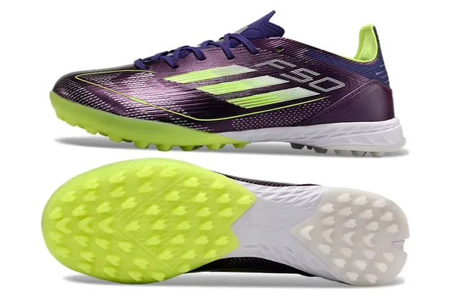 Adidas F50 Zapatos de fútbol turf low-cut upper sintético acabado iridiscente gradient morado verde 5