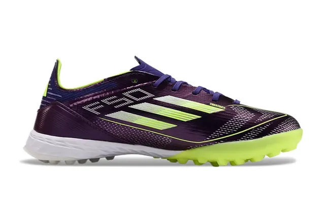 Adidas F50 Zapatos de fútbol turf low-cut upper sintético acabado iridiscente gradient morado verde 7