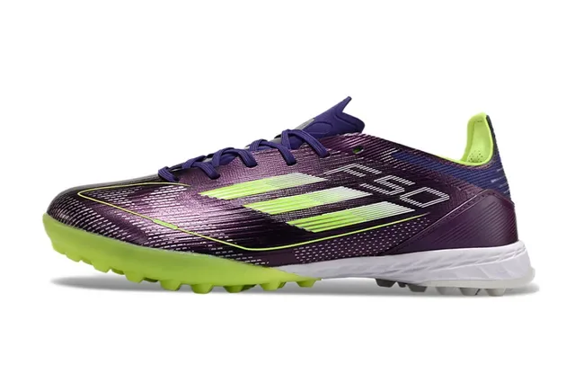Adidas F50 Zapatos de fútbol turf low-cut upper sintético acabado iridiscente gradient morado verde 8