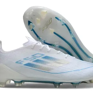 Adidas F50 Zapatos de fútbol blanco y azul upper low-cut knit detalle gráfico de rayas horizontales Firm-Ground