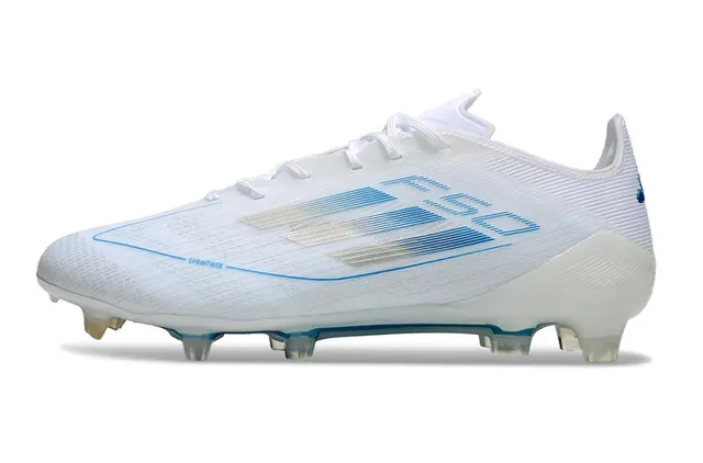 Adidas F50 Chaussures de football blanc et bleu upper tricot low-cut détails rayures horizontales graphiques Firm-Ground 7
