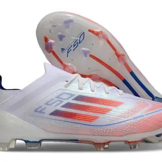 Adidas F50 Blanc Corail Rouge Bleu Chaussures de Football Terrain Firme