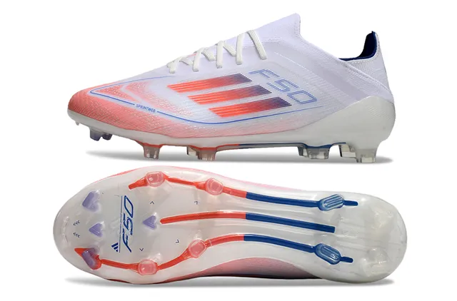 Adidas F50 सफेद कोरल लाल नीला फर्म ग्राउंड फुटबॉल जूते 6